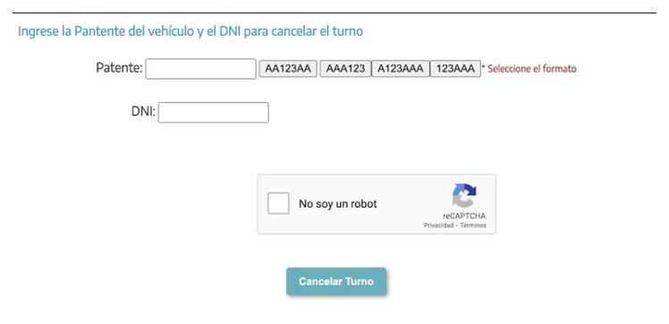 Pantalla para cancelar el turno de la VTV en Lisandro Olmos con patente y DNI
